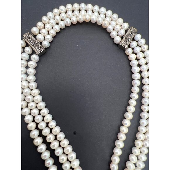 Vintage 3-Strand Glass Pearl Necklace Sterling Silver 925 Clasp Ornate Spacers - Picture 3 of 12
